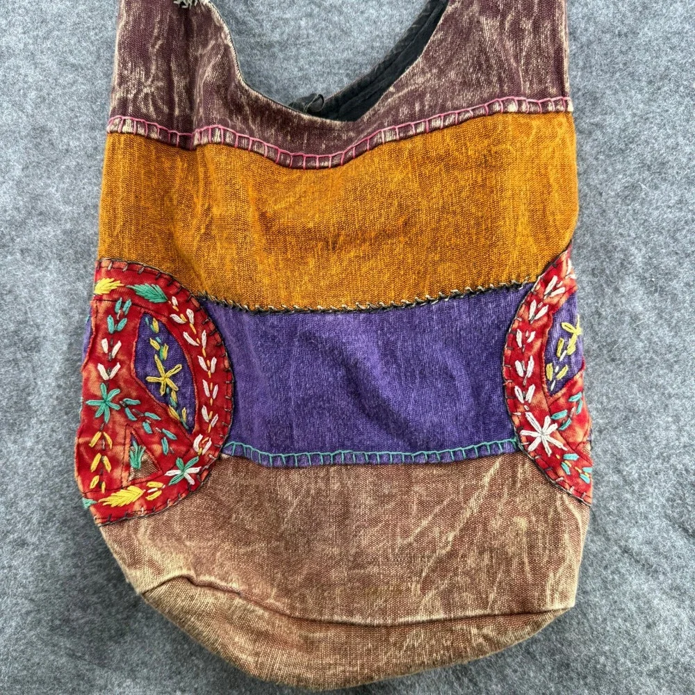 Made in Nepal Boho Patchwork Hobo Bag‎ Womens Multicolor Peace Sign Embroidery